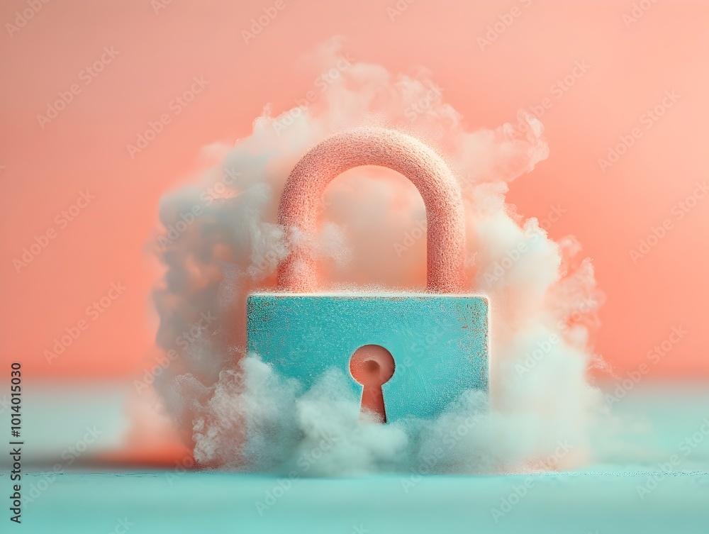 Poster a padlock obscured by a luminous gossamer cloud of shimmering ghostly mist with a soft focus and haz