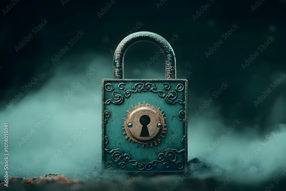 Poster ornate vintage style padlock submerged in a hazy wispy fog with chiaroscuro lighting creating a mood