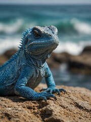 Fototapeta premium A smiling blue lizard sitting on a rock by the ocean.