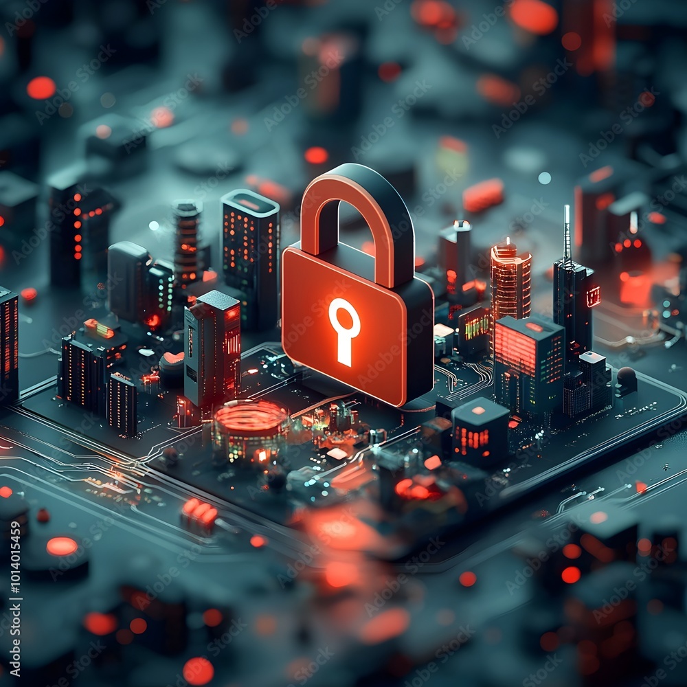 Poster Padlock Icon Guarding Intricate Digital Connectivity and Data Flows in a Neon Lit Futuristic Urban Landscape   Abstract Low Poly 3D Visualization of Encryption Protocols Surrounding the World