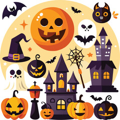 Sets of Halloween scary elements spooky items 