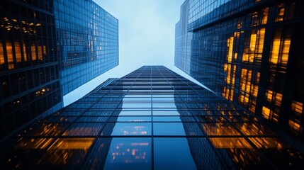Stunning cityscape at dusk featuring towering skyscrapers reflecting in glass windows, highlighting modern urban architecture and corporate office buildings. 