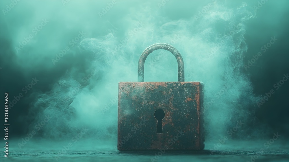Poster padlock enveloped in a wispy ethereal cloud of delicate vapor like light and shadow creating a moody