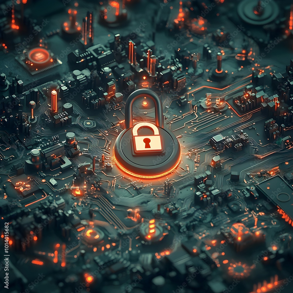 Poster secure digital realm with padlock on global map microchips circuit boards luminous data streams and 