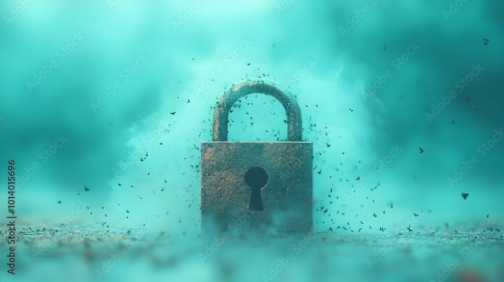 Poster padlock shrouded in a diaphanous cloud like shroud of shimmering ephemeral vapor surreal and impress