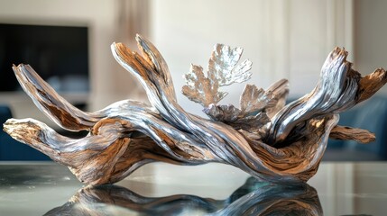 A centerpiece of twisted driftwood, subtly painted with metallic silver, displayed on a glass table