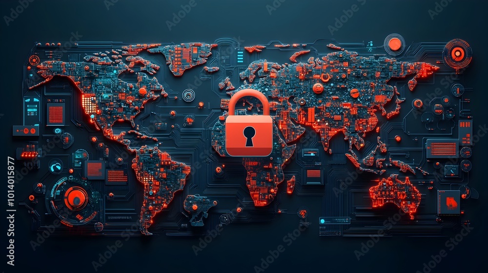 Poster futuristic digital padlock symbol overlaying a world map surrounded by intricate circuit board patte