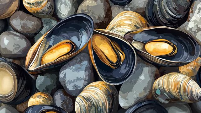 Mussels and other shellfish are found nestled among smooth, gray rocks