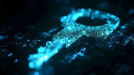 Digital key made of glowing binary code symbolizing cyberspace