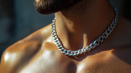 Close-Up of Man's Neck with Thick Silver Chain