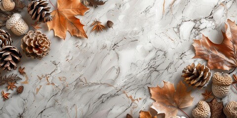 Obraz premium Abstract background with pinecones, acorns, and autumn leaves and light marble textured backdrop, minimalistic design.