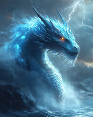 blue dragon coils around rocky peaks, eyes aglow with the power of the storm