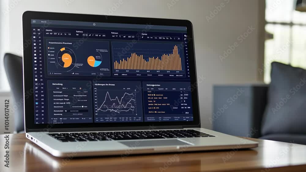 Poster a laptop sits open on a desk displaying charts and graphs, likely showing business data