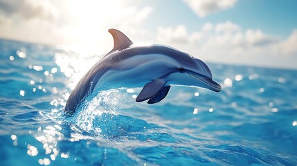 Fototapeta premium A beautiful dolphins jumping in the waves of the sparkling blue sea dolphin jumping out of water 