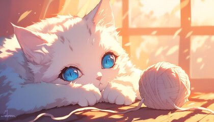 adorable cat with a basket of apples with yarnn cute blue eyes pet illustration wallpaper anime style drawing