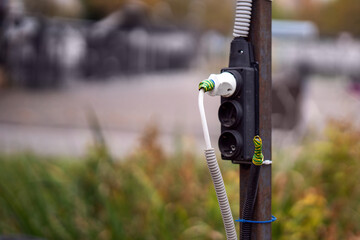 metallic park pole hosts a three-socket extension cord, secured with protective wiring. This fusion...