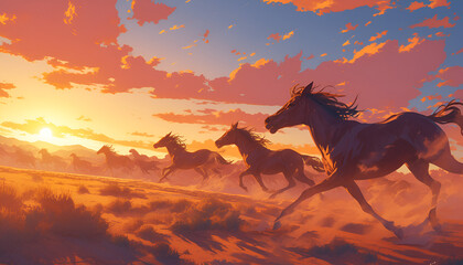 herd of horses riding to  the sunset dusk dawn sunset gallop wind clouds field nature wallpaper pride pack illustration background landscape