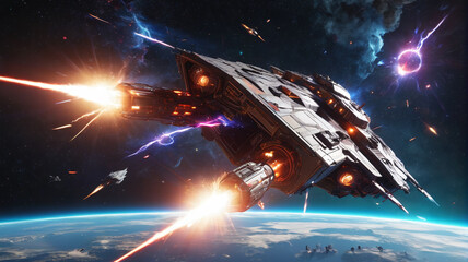 Amidst the glittering stars, spacecrafts unleash bursts of energy from their laser cannons, the brilliant flashes illuminating the darkness of the cosmic battlefield, Generative AI