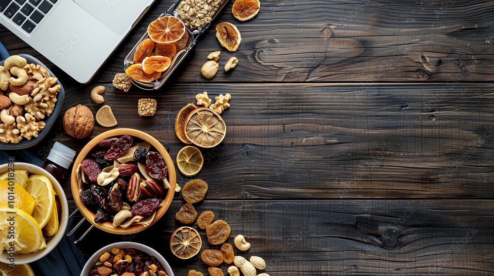 Poster a vibrant mix of dried fruits and nuts displayed on a rustic wooden table, perfect for a healthy ene