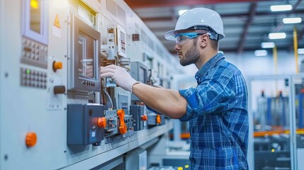 A technical engineer oversees the manufacturing process. Innovative technology in the industry. Software for professionals. Illustration for banner, poster, cover, brochure or presentation.