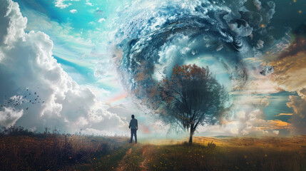 Obraz premium A visual of someone transitioning from wakefulness to a dream state, emphasizing the boundary between the two worlds.