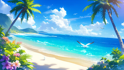 Obraz premium tropical island with palm trees sea seagulls