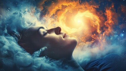 A visual of someone waking up from a dream with a profound sense of spiritual connection.