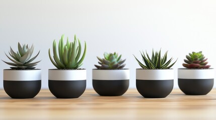 A collection of small, minimalist planters in a monochrome palette, each housing a different succulent
