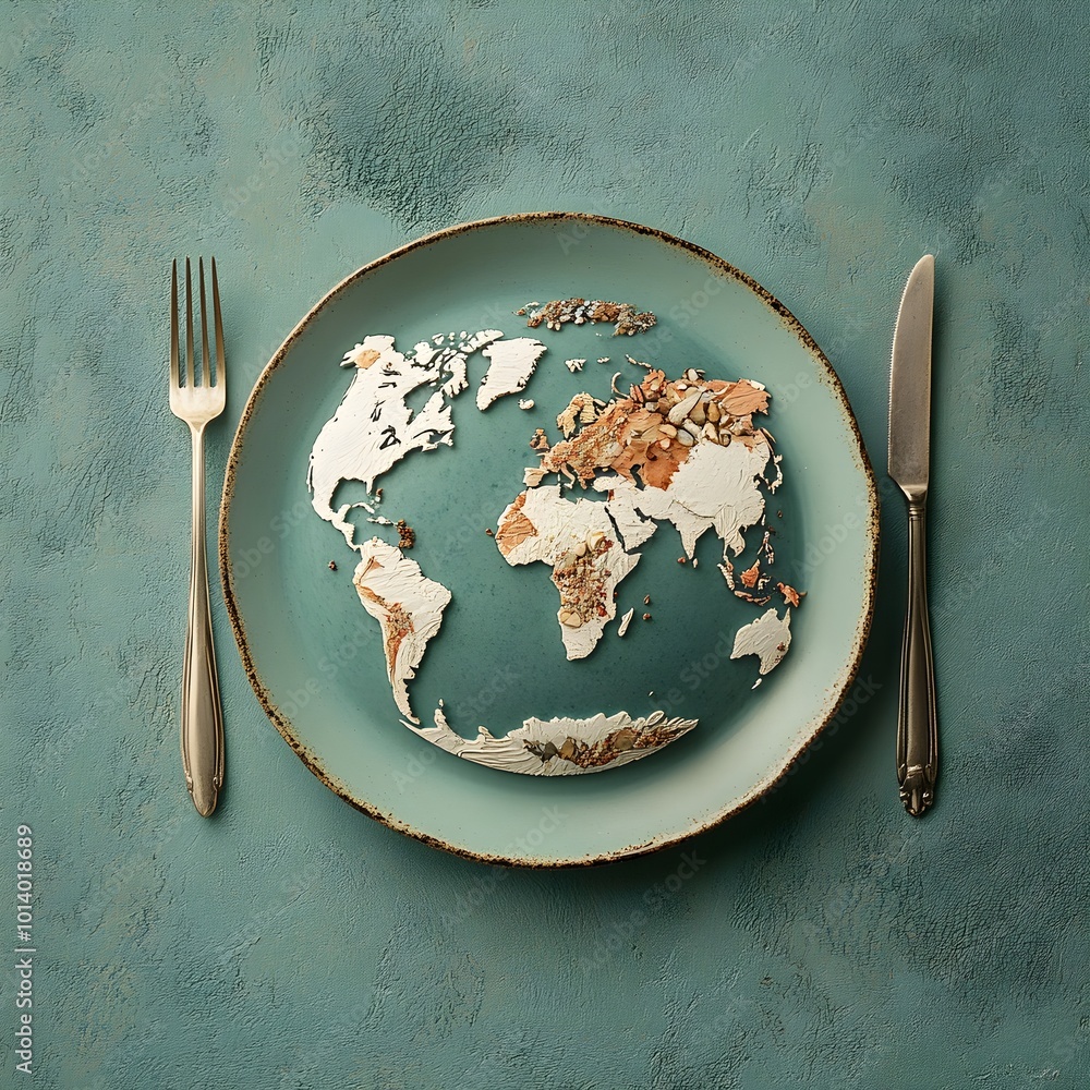 Poster worldly tableware a plate with an embossed globe pattern accompanied by metal utensils of fork and k