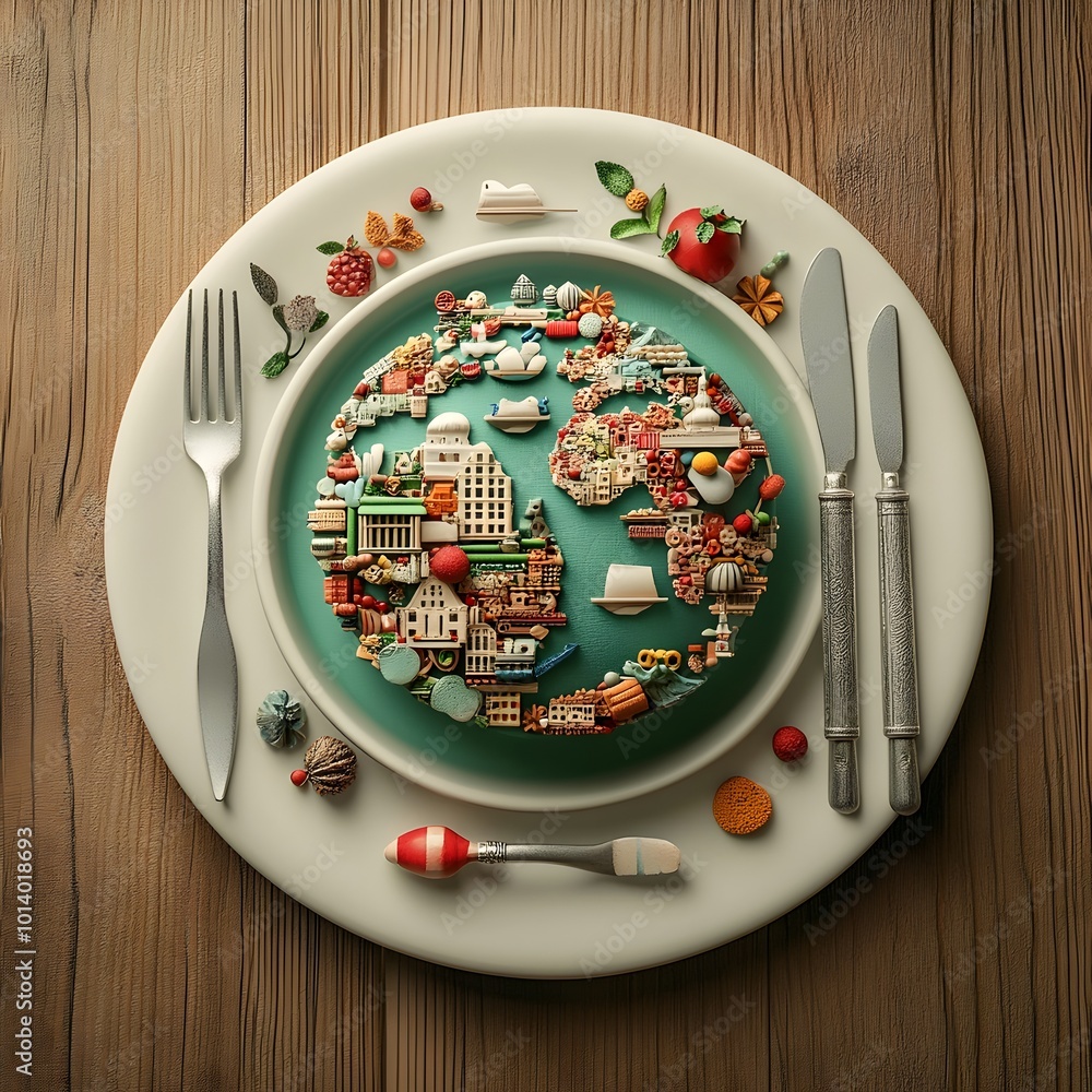 Poster intricately detailed 3d globe model displayed on a rustic wooden tabletop surrounded by an elegant s