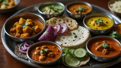 A vibrant thali showcases an array of colorful Indian dishes.