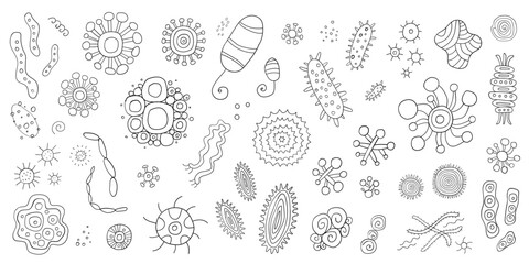 microbes virus bacterial microorganism doodle set , isolated hand drawn vector element collection