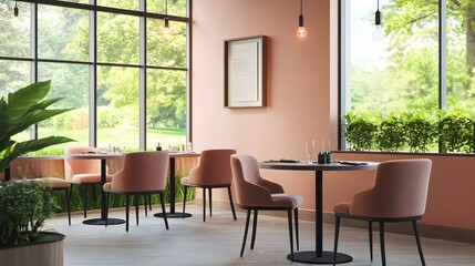 Fototapeta premium Pink restaurant interior with chairs and tables in a row, large window, and mockup frame
