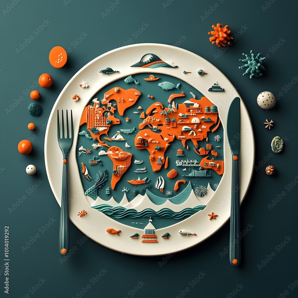 Poster a sophisticated plate featuring an intricate world map inspired pattern paired with a fork and knife