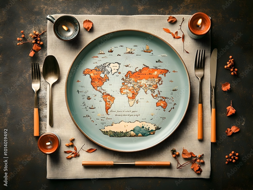 Poster globally inspired tableware display an artful plate design showcasing an intricate world map by a re