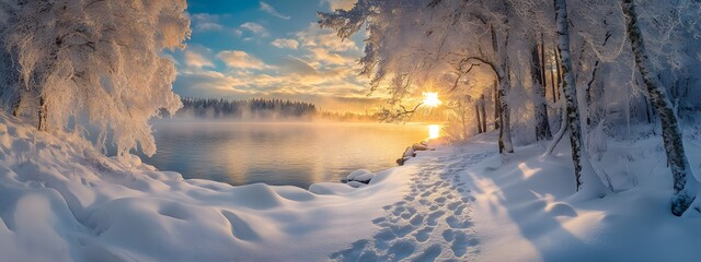 A snowy landscape with deep, snow-covered ground, bathed in the golden glow of sunrise