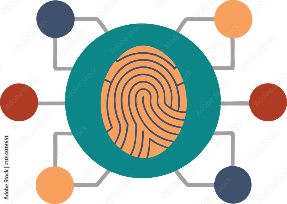 Poster digital fingerprint with surrounding technology nodes, symbol of security and identity