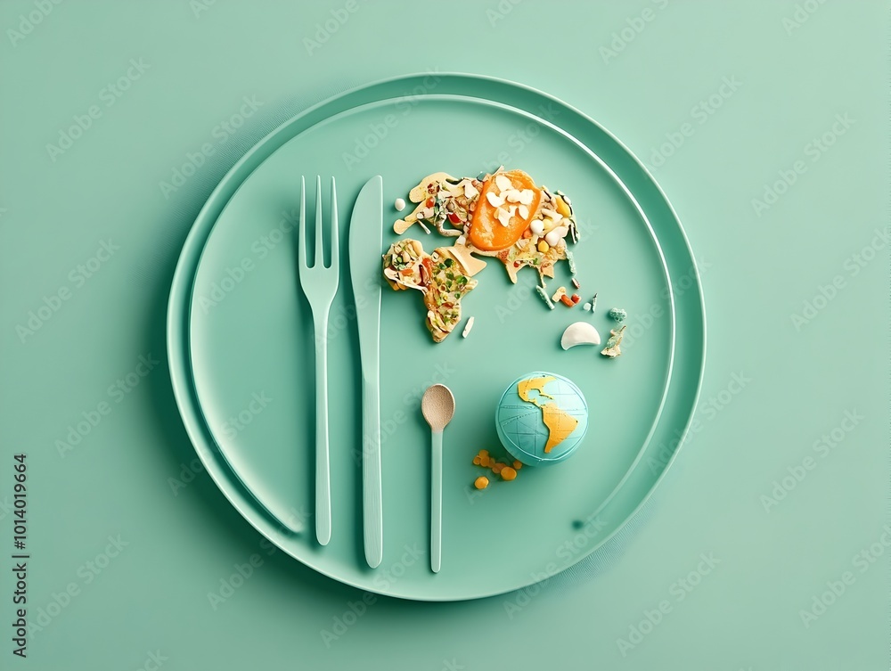 Poster minimalist plate setting with fork knife and globe shaped world map showcasing a clean serene and sc