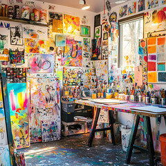 Vibrant Artistic Studio Filled with Colorful Paintings and Creative Tools
