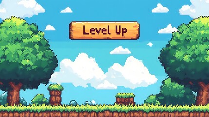 Pixel art game background with a "Level Up" button, embodying a retro gaming aesthetic in vibrant 8-bit graphics