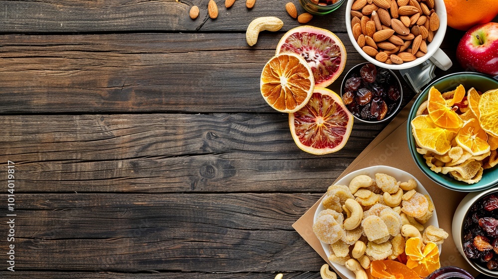 Poster A delicious array of dried fruits and nuts is spread across a rustic wooden table, showcasing healthy snack options for any time of day. Generative AI