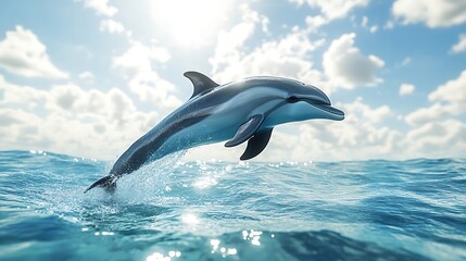 Fototapeta premium A stunning dolphin jumping from the ocean under a blue sky with fluffy clouds