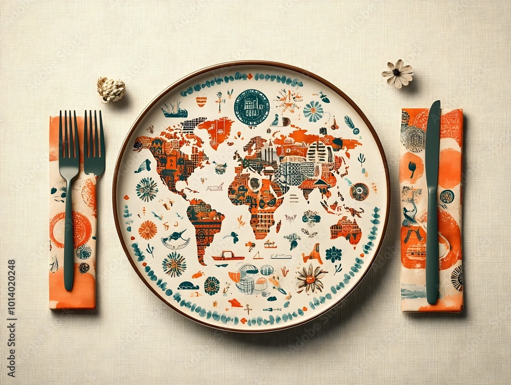 Poster globally inspired artful plate design featuring an intricate world map complemented by a refined arr