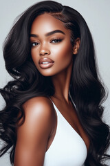 Vertical Portrait of Glamourous and Sensual Elegant Black Woman with Long Straightened, Wavy Black Hair and Lashes Extensions in Studio, African American Beauty in White Top.	