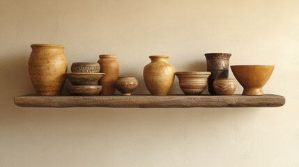 A floating shelf displaying a collection of artisanal pottery in earth tones with organic shapes