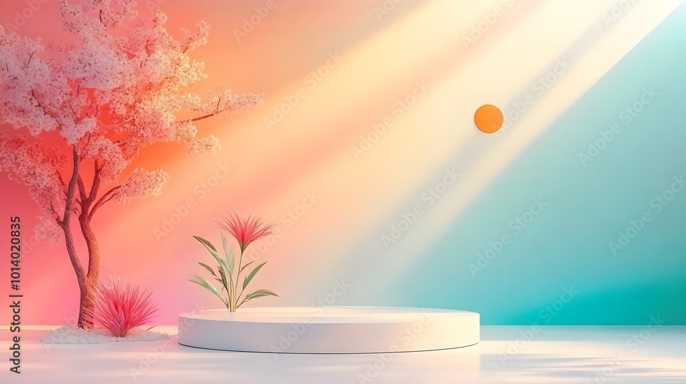 Poster minimal 3d studio room setting with empty white floor and walls product display podium vibrant gradi