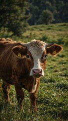 A young cow grazing in a field.