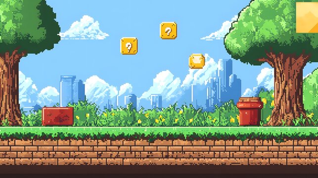 Pixel art game retro 8-bit video game interface background with classic 8-bit graphics, pixelated elements, and vibrant colors