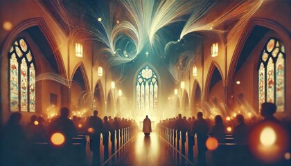 Catholic night scene with prayer and mass in the church. Abstract background for World Day of Prayer or Go Caroling Day.
