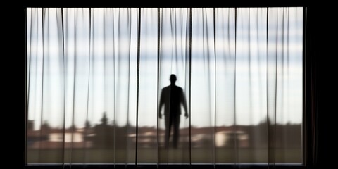 Fototapeta premium A shadowy figure resembling a ghost stands behind a sheer curtain, creating a spooky atmosphere.